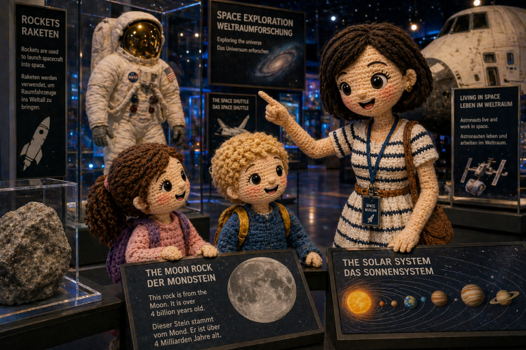 Gehäkelte Weltraum-Szene zum Modul Space